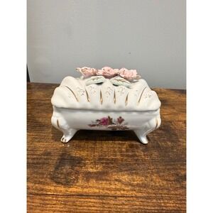 Vintage Tilso Japan Porcelain Trinket Box Pink Roses Gold Trim Footed‎ Floral